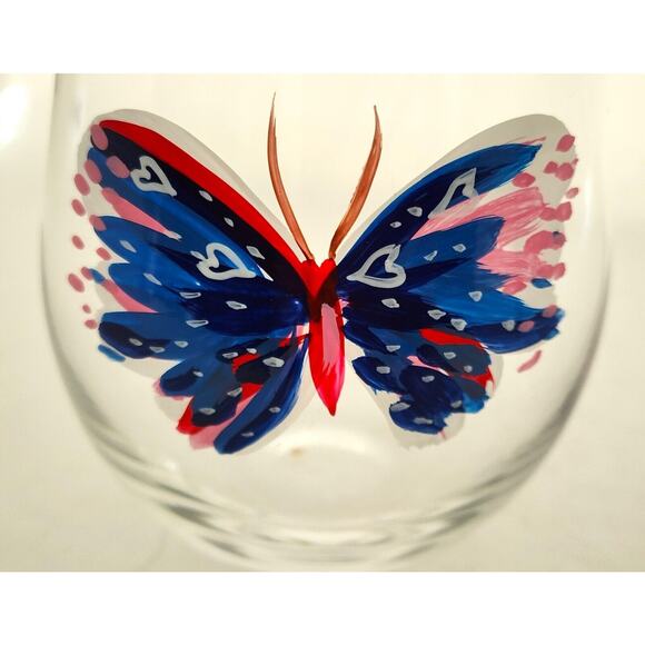 STEMLESS WINE GLASSES-Hand Painted-Butterfly-Blue Red White-SET OF 2 - Picture 3 of 9